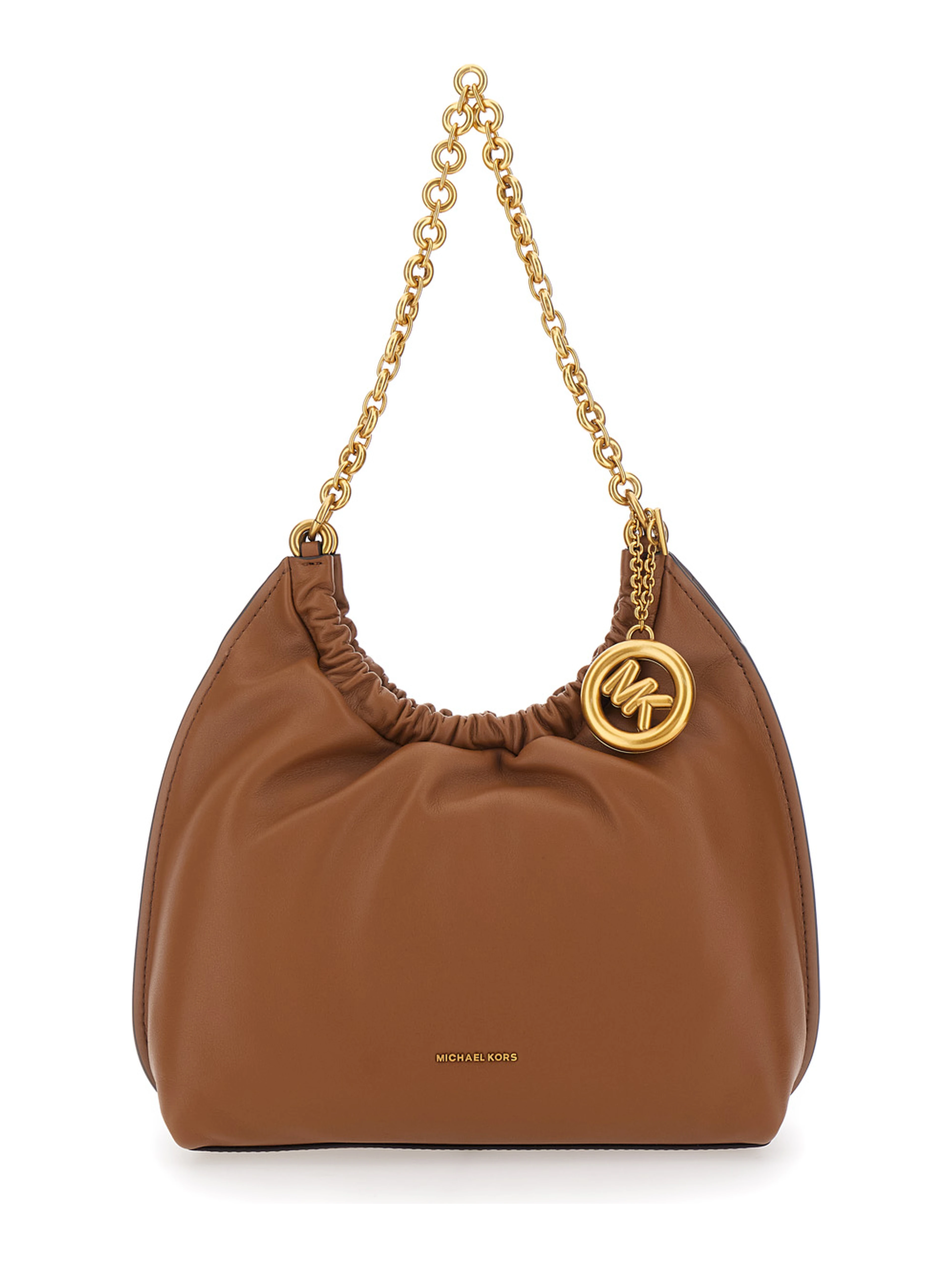 Indie Small brown Shoulder Bag with chain strap and logo plate on the front in leather women