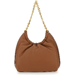 Indie Small brown Shoulder Bag with chain strap and logo plate on the front in leather women