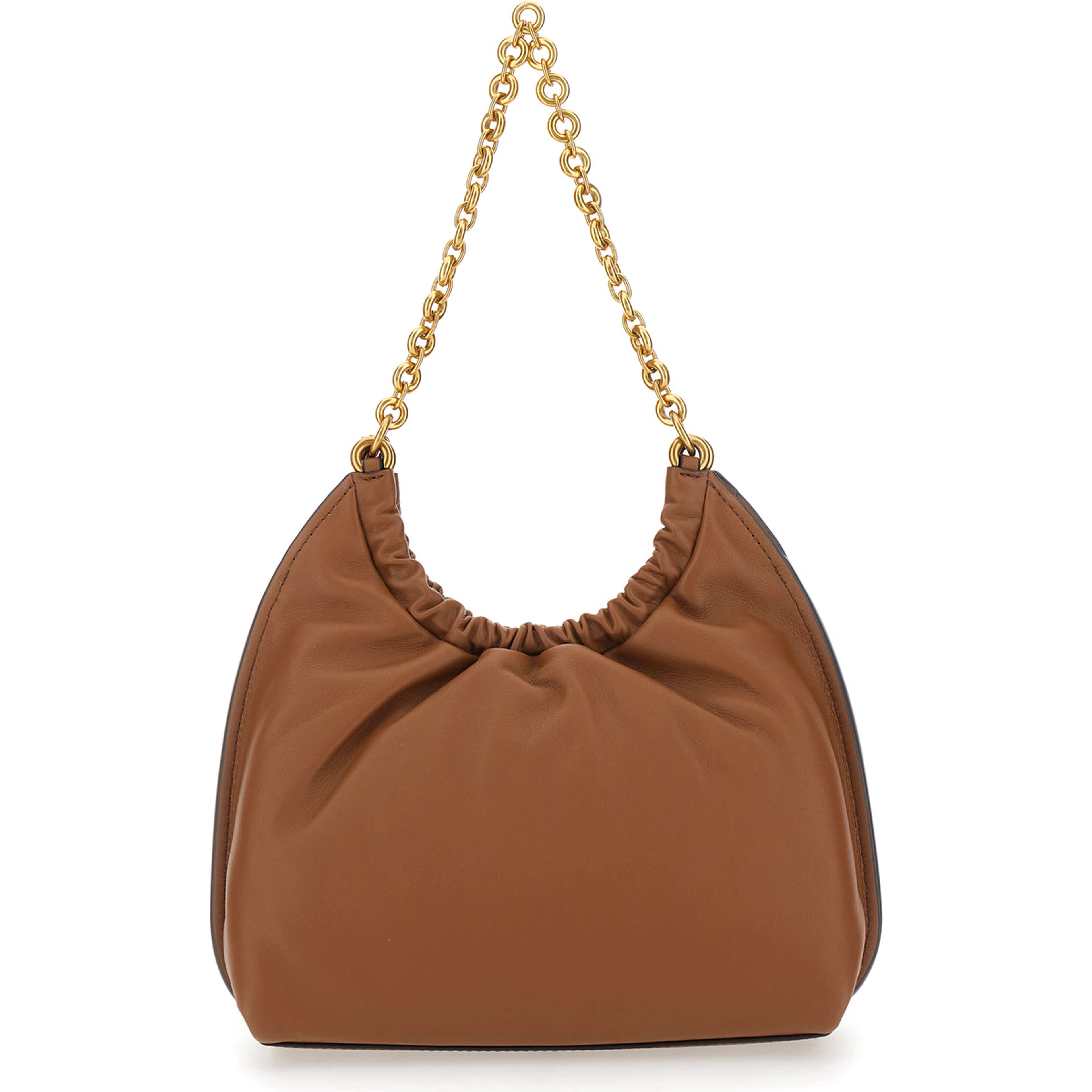 Indie Small brown Shoulder Bag with chain strap and logo plate on the front in leather women