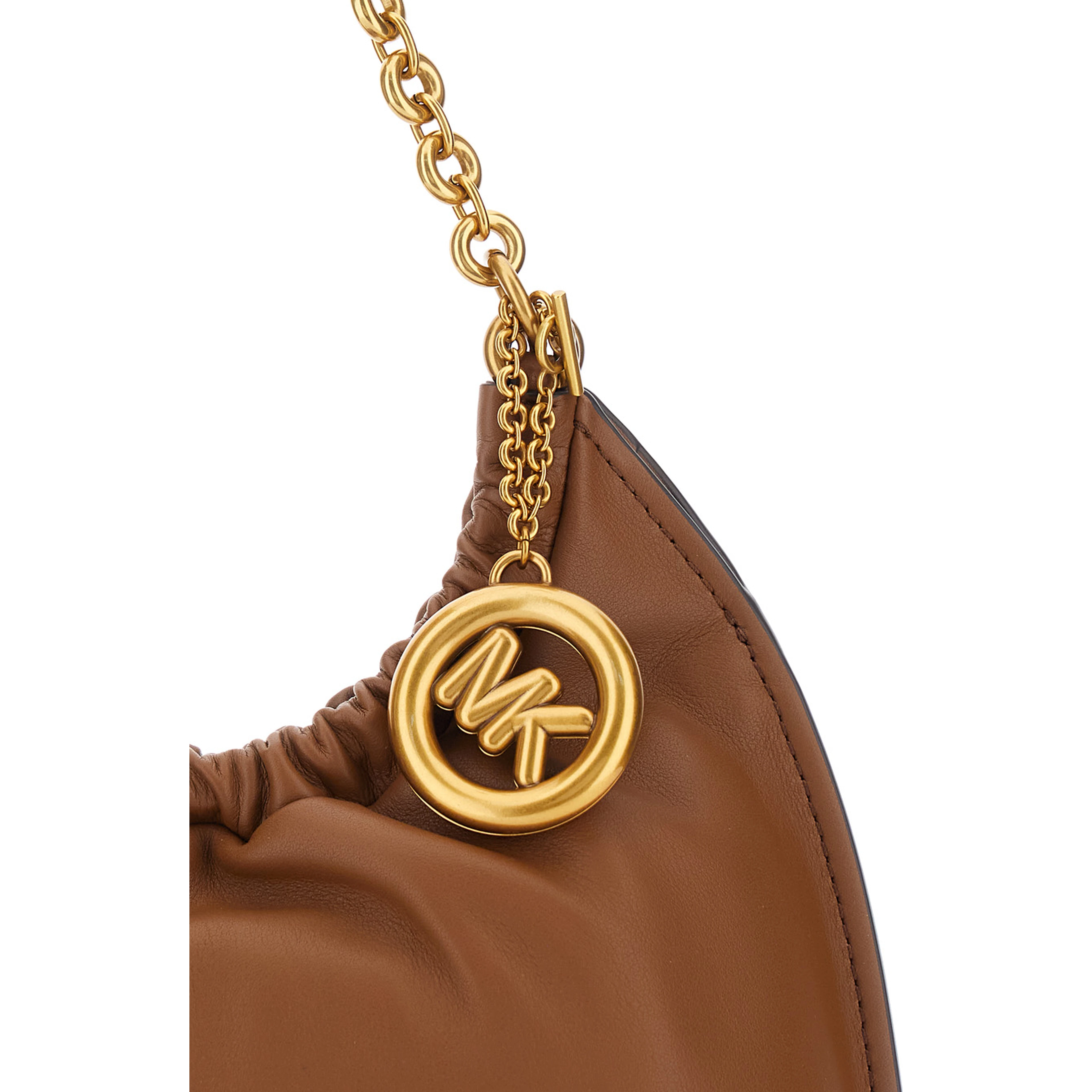 Indie Small brown Shoulder Bag with chain strap and logo plate on the front in leather women