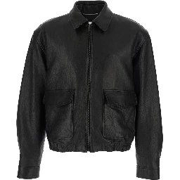 Jacket Classic Collar Jacket with Two Flap Pockets on the Front Black Leather Men