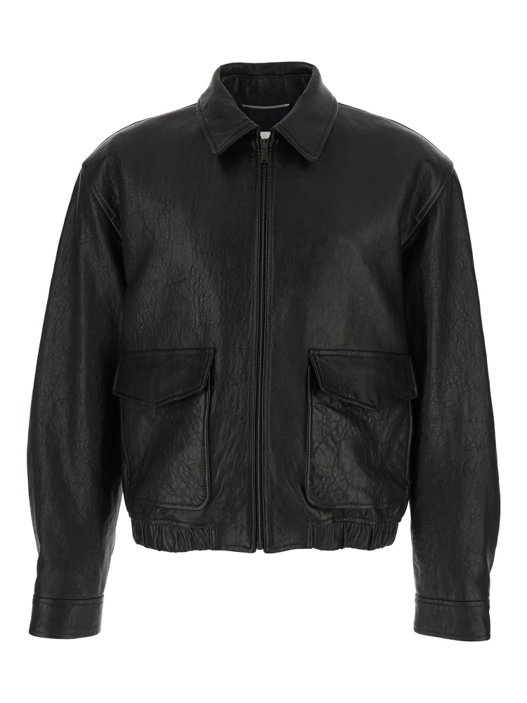 Jacket Classic Collar Jacket with Two Flap Pockets on the Front Black Leather Men