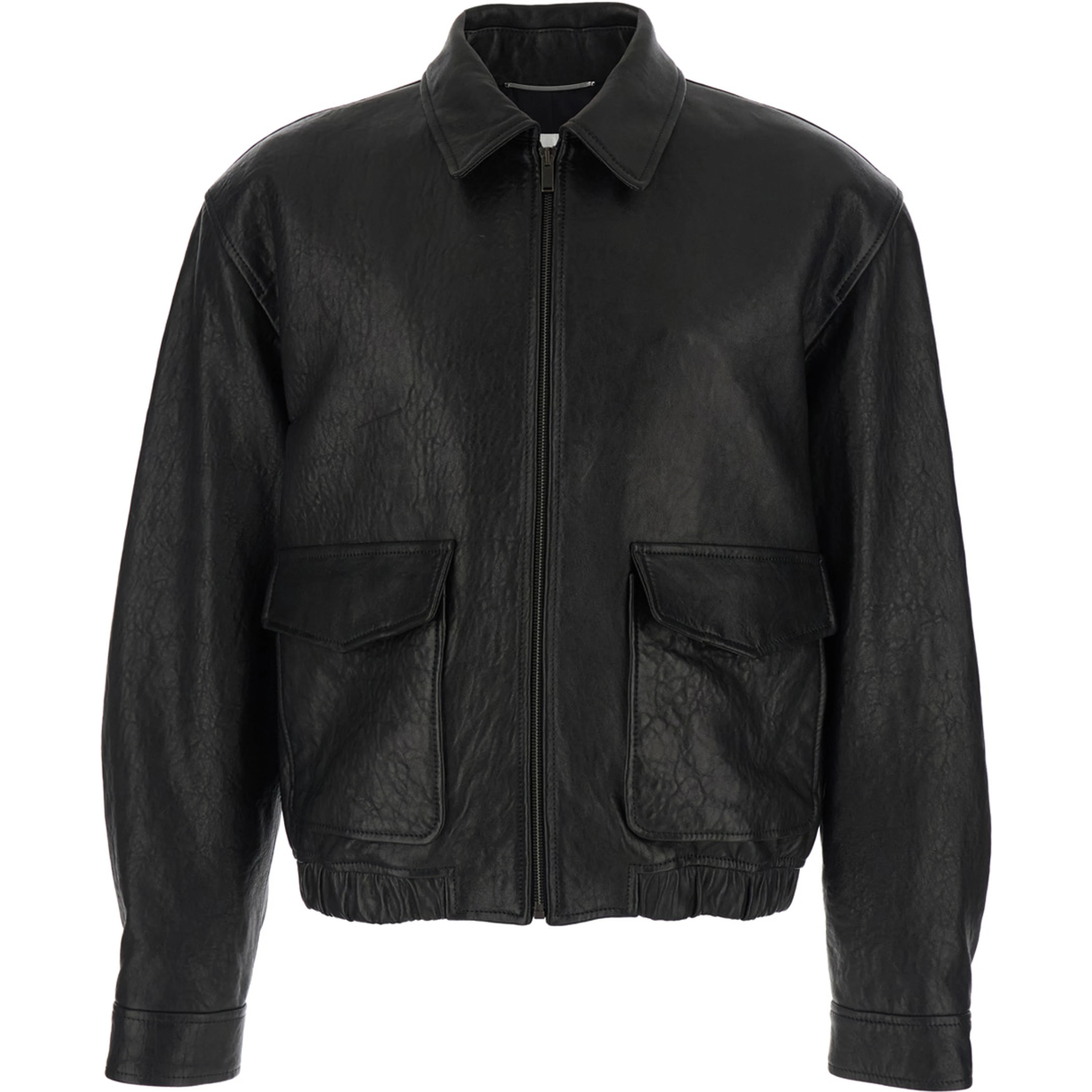 Jacket Classic Collar Jacket with Two Flap Pockets on the Front Black Leather Men