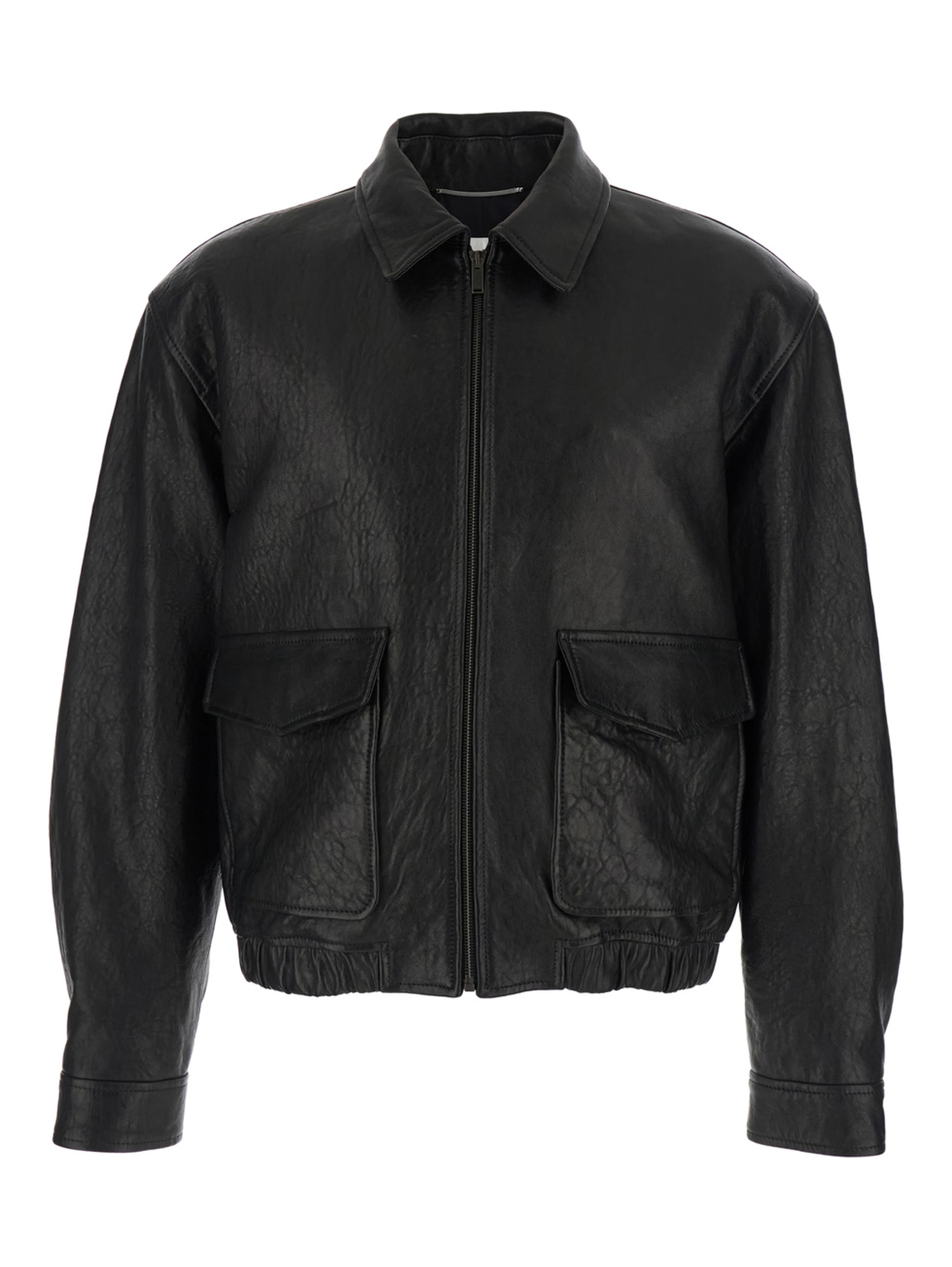 Jacket Classic Collar Jacket with Two Flap Pockets on the Front Black Leather Men