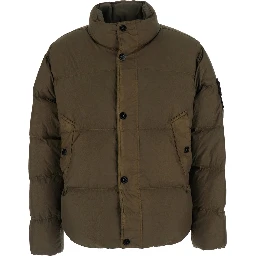 Green High Collar Jacket with Logo Patch on Sleeve in Tech Fabric for Men