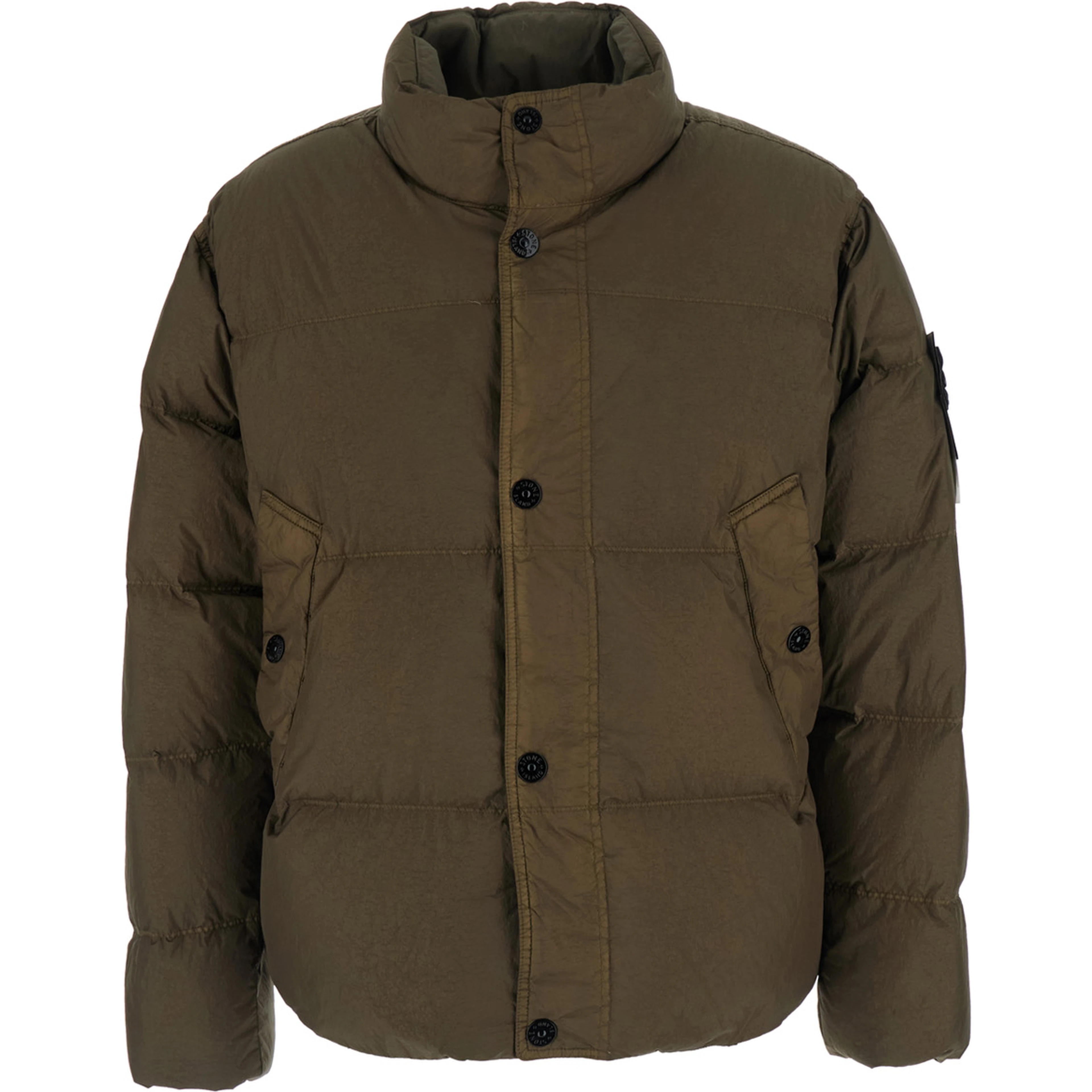 Green High Collar Jacket with Logo Patch on Sleeve in Tech Fabric for Men