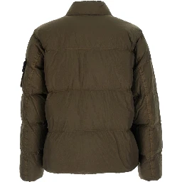 Green High Collar Jacket with Logo Patch on Sleeve in Tech Fabric for Men