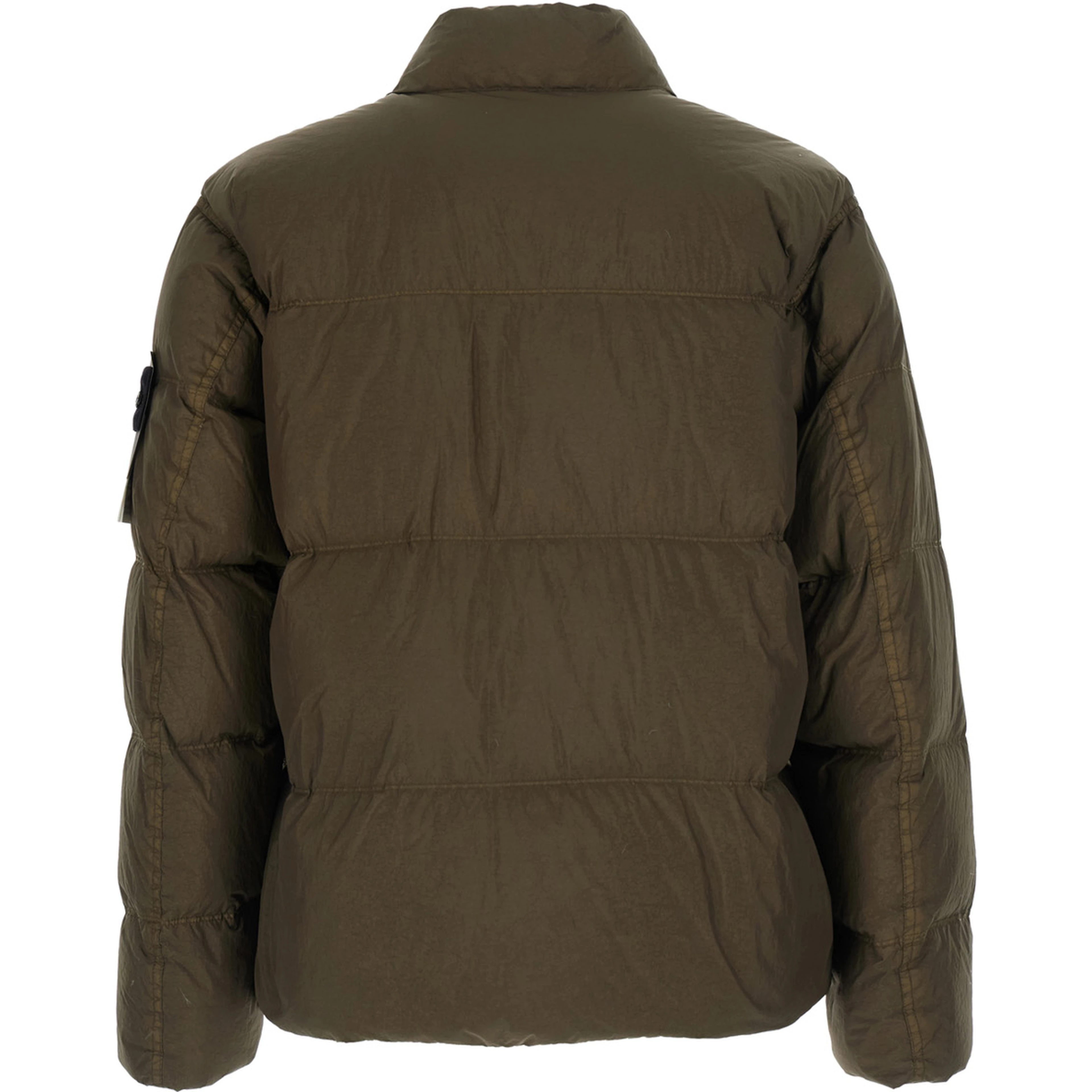 Green High Collar Jacket with Logo Patch on Sleeve in Tech Fabric for Men