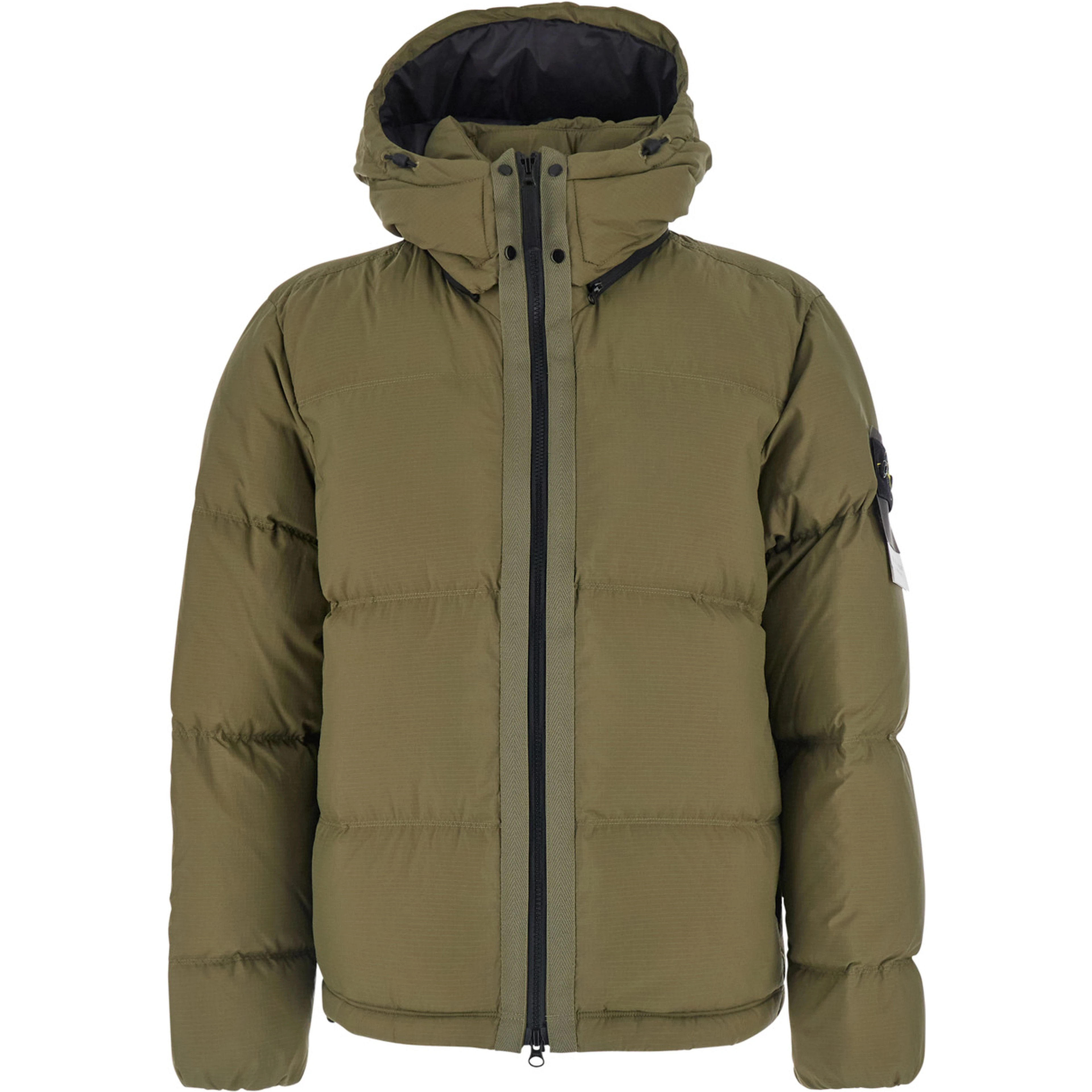 Green Down jacket with removable hood and logo patch on the sleeve in tech fabric for men