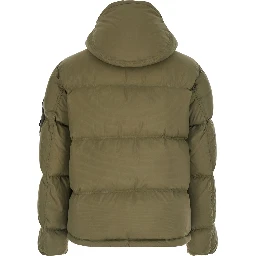 Green Down jacket with removable hood and logo patch on the sleeve in tech fabric for men