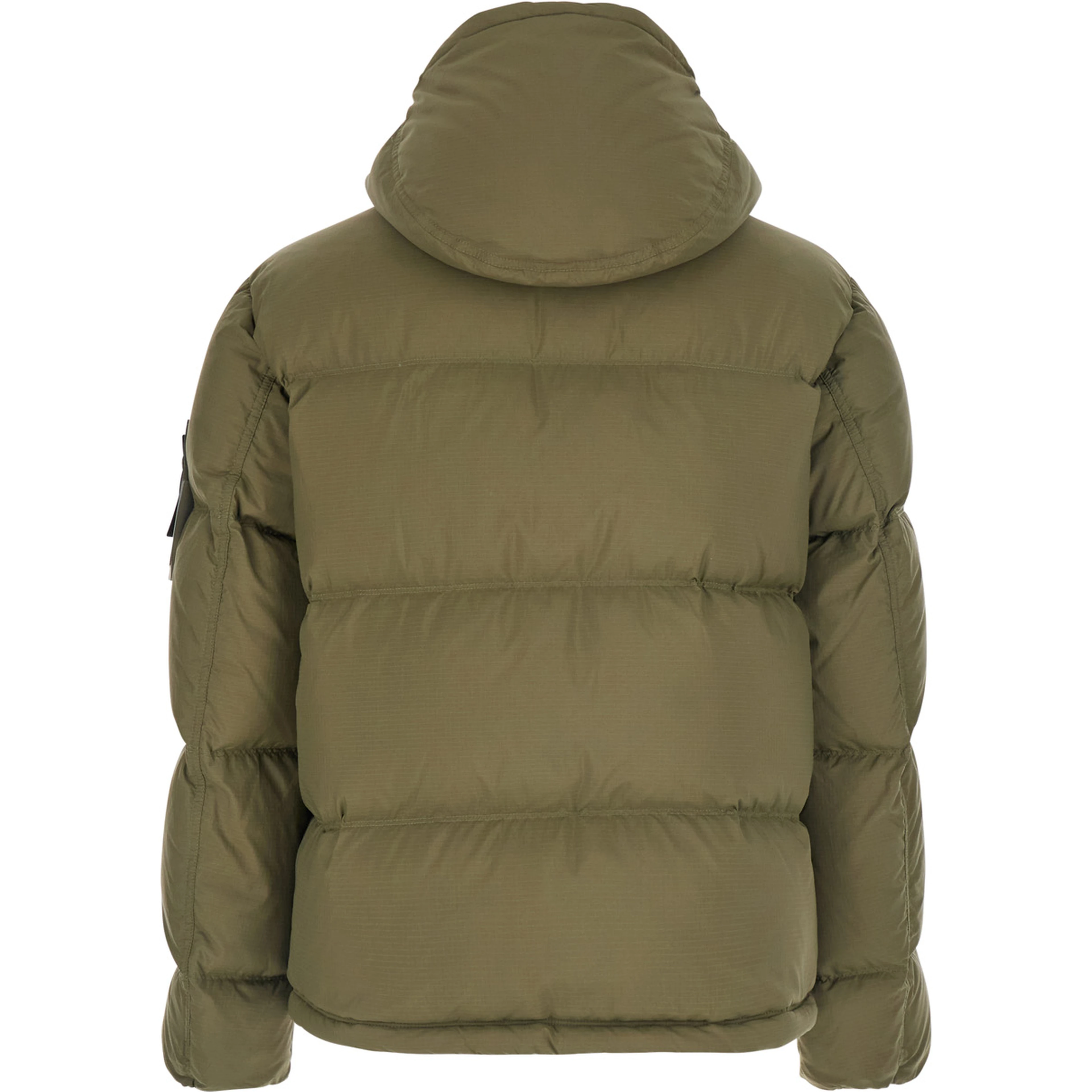 Green Down jacket with removable hood and logo patch on the sleeve in tech fabric for men