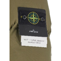 Green Down jacket with removable hood and logo patch on the sleeve in tech fabric for men