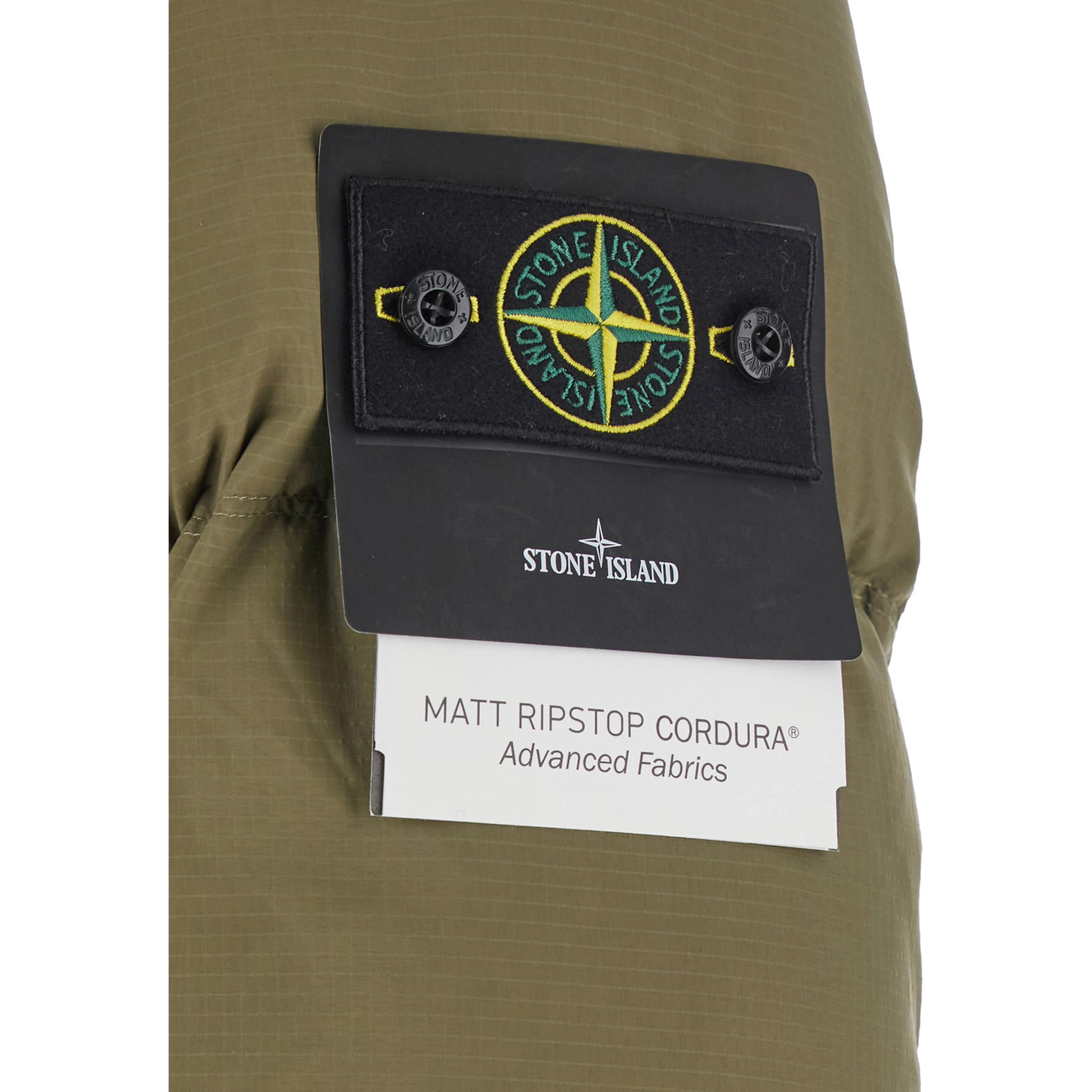 Green Down jacket with removable hood and logo patch on the sleeve in tech fabric for men