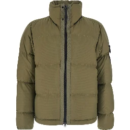 Green Down jacket with removable hood and logo patch on the sleeve in tech fabric for men