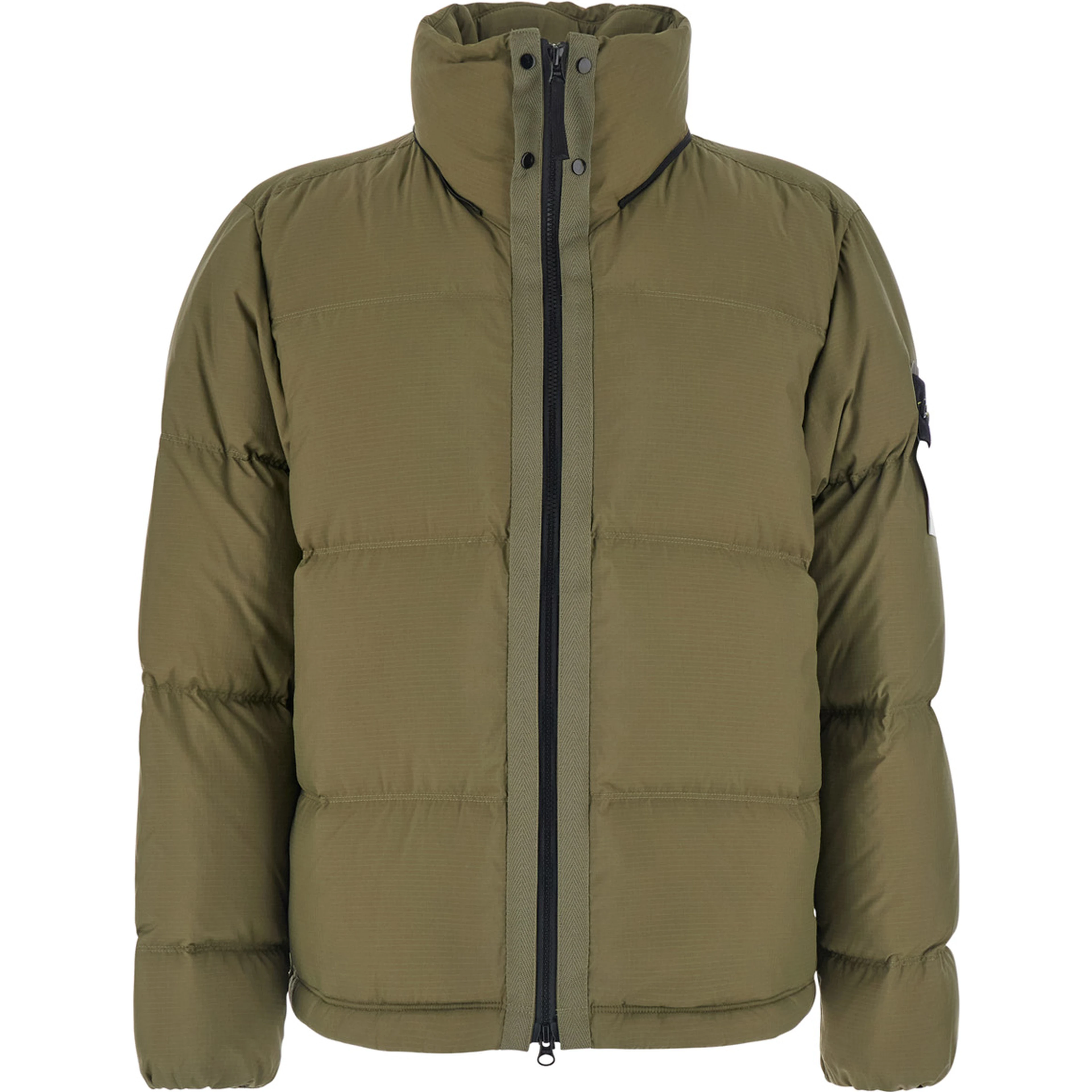 Green Down jacket with removable hood and logo patch on the sleeve in tech fabric for men