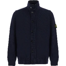 blue Cardigan with high collar and logo patch on the sleeve in wool for Men