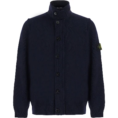 blue Cardigan with high collar and logo patch on the sleeve in wool for Men