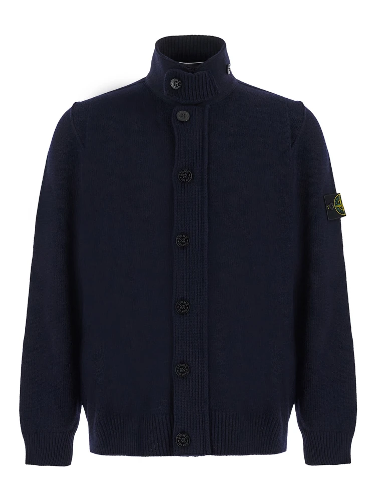 blue Cardigan with high collar and logo patch on the sleeve in wool for Men