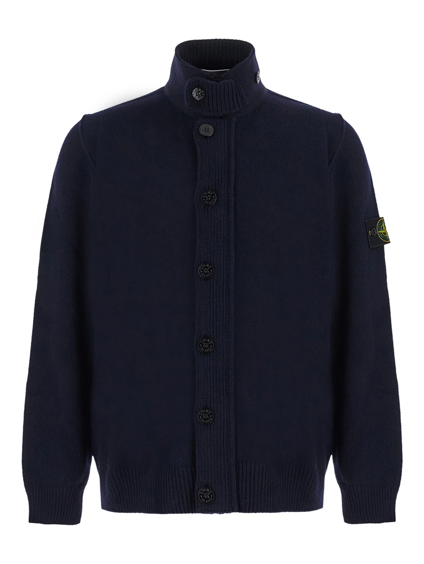 blue Cardigan with high collar and logo patch on the sleeve in wool for Men