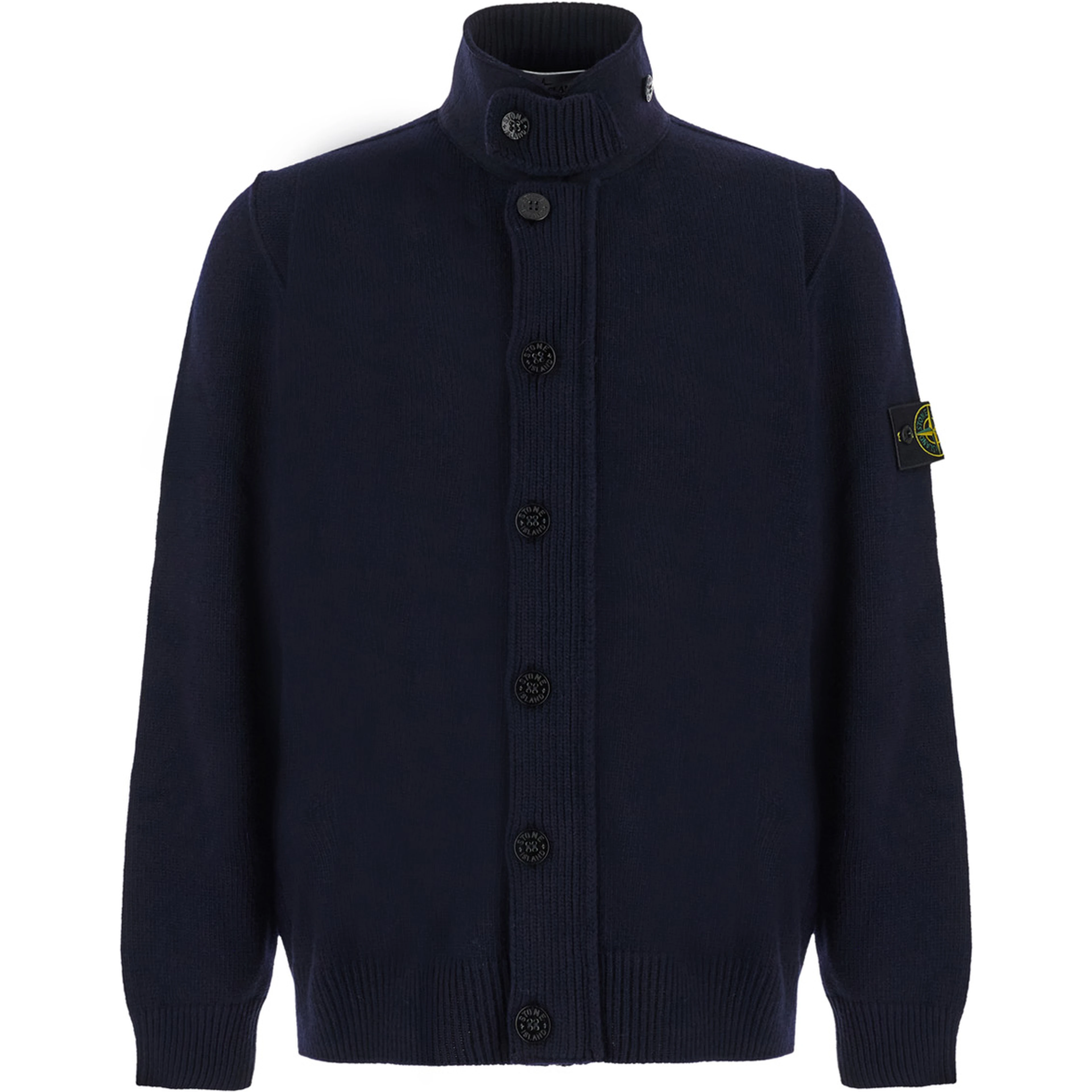 blue Cardigan with high collar and logo patch on the sleeve in wool for Men