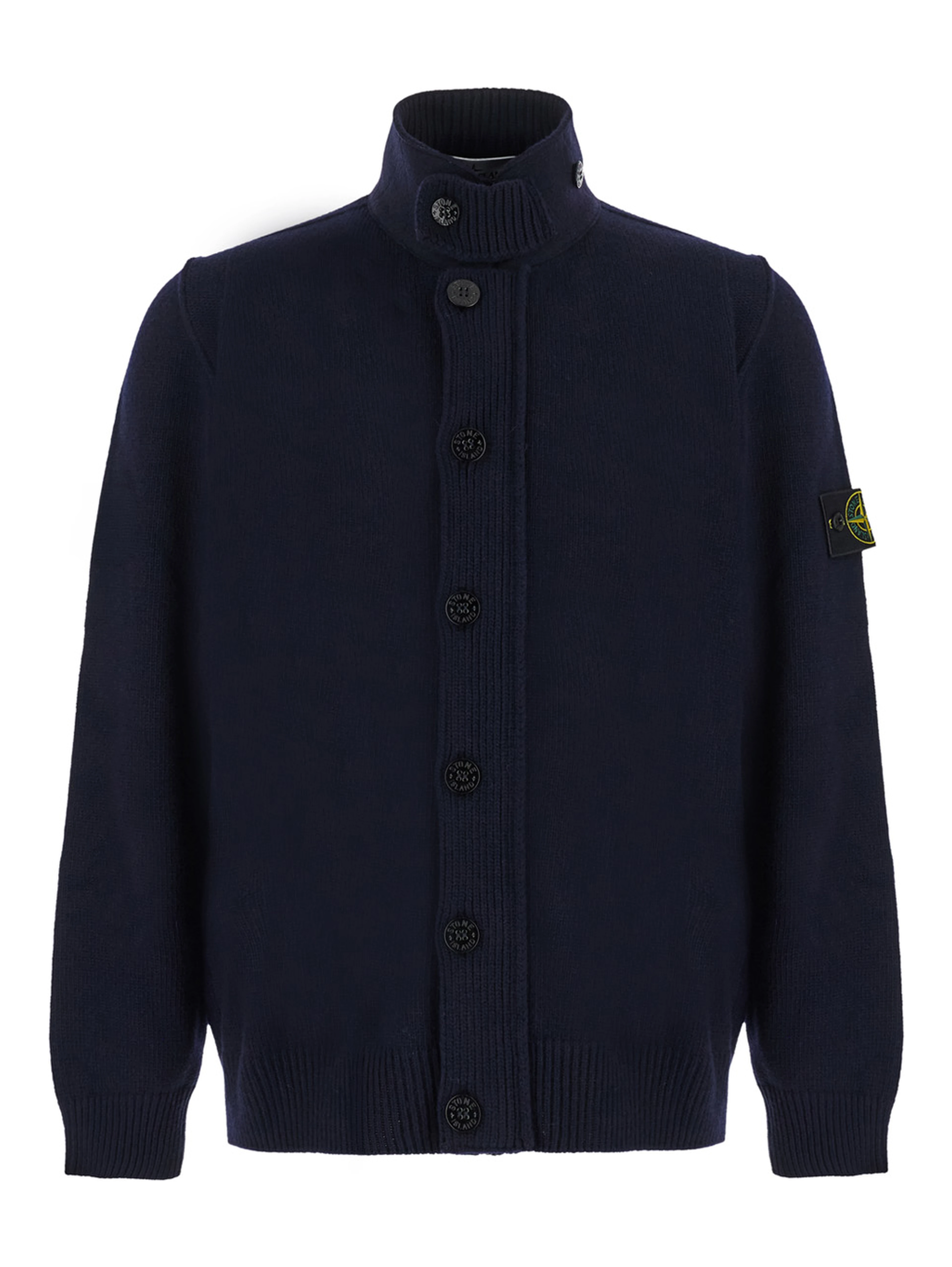 blue Cardigan with high collar and logo patch on the sleeve in wool for Men