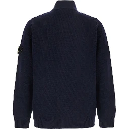 blue Cardigan with high collar and logo patch on the sleeve in wool for Men