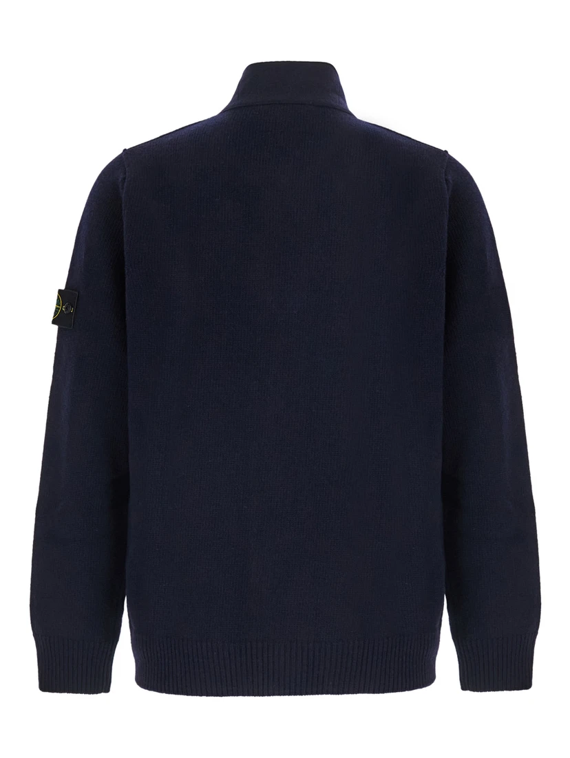 blue Cardigan with high collar and logo patch on the sleeve in wool for Men