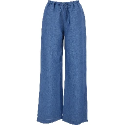 Blue Linen Pants with Elastic Waist and Drawstring for Women