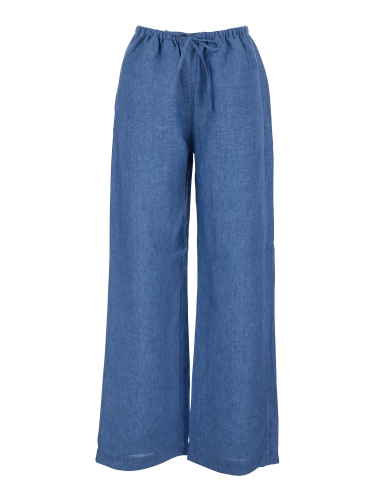 Blue Linen Pants with Elastic Waist and Drawstring for Women