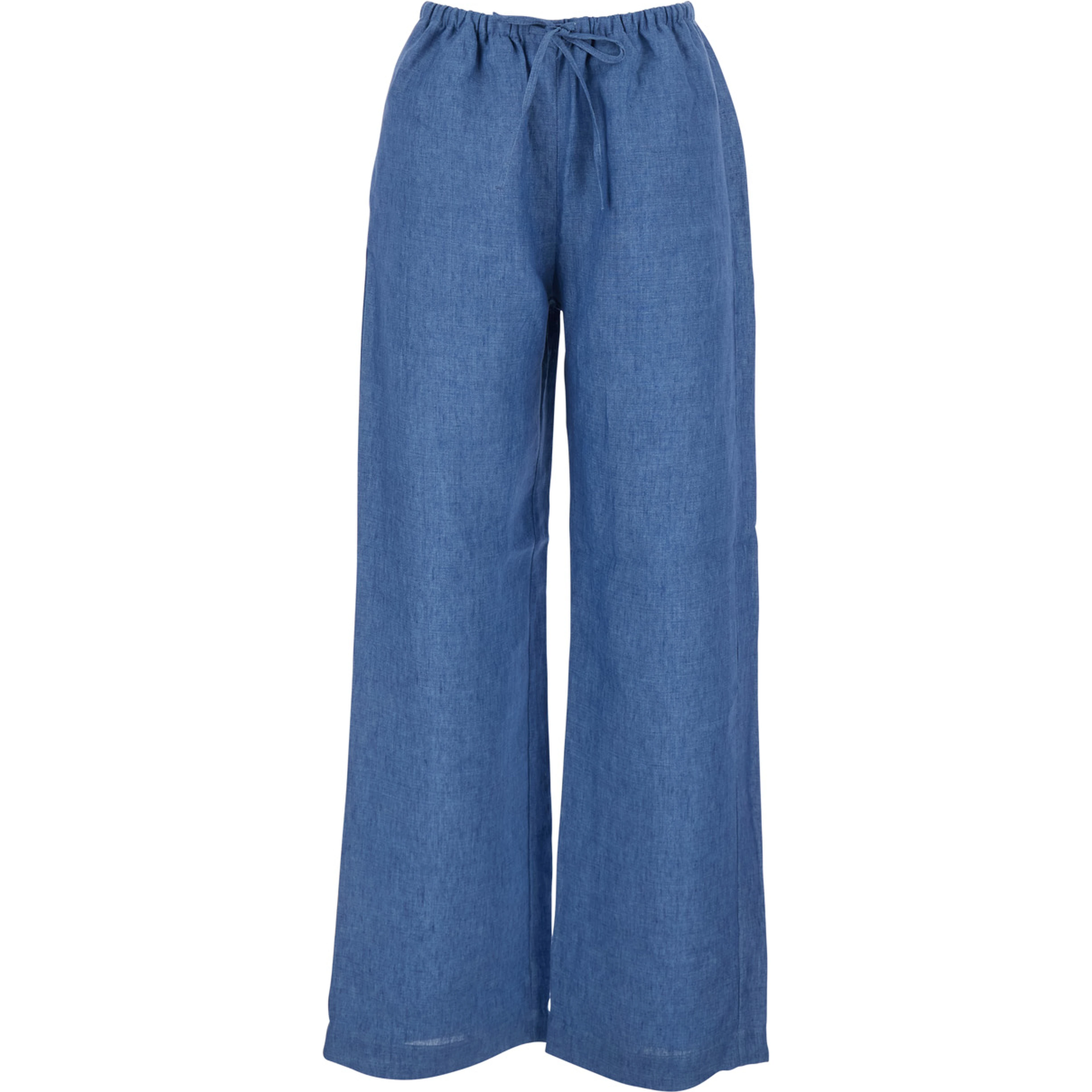 Blue Linen Pants with Elastic Waist and Drawstring for Women