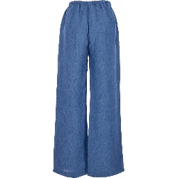 Blue Linen Pants with Elastic Waist and Drawstring for Women