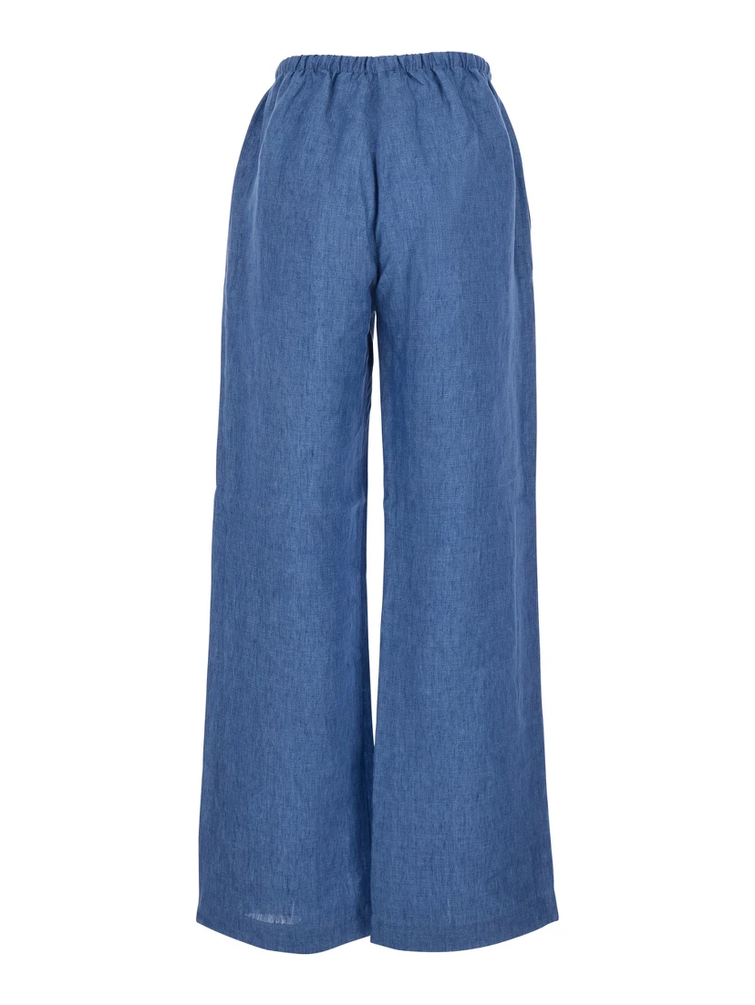 Blue Linen Pants with Elastic Waist and Drawstring for Women
