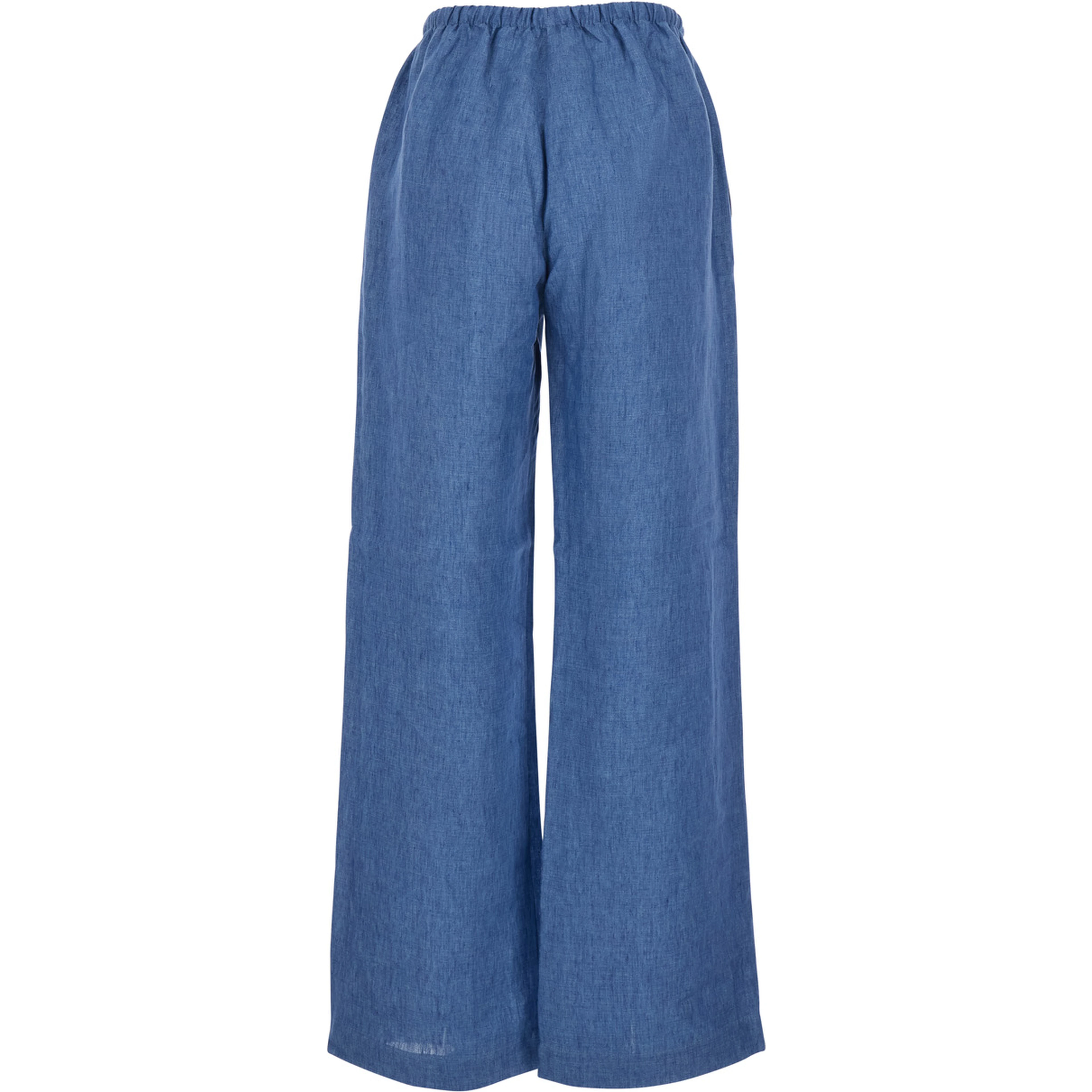 Blue Linen Pants with Elastic Waist and Drawstring for Women