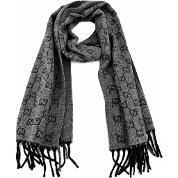 Monogram Grey Wool Scarf with Fringe
