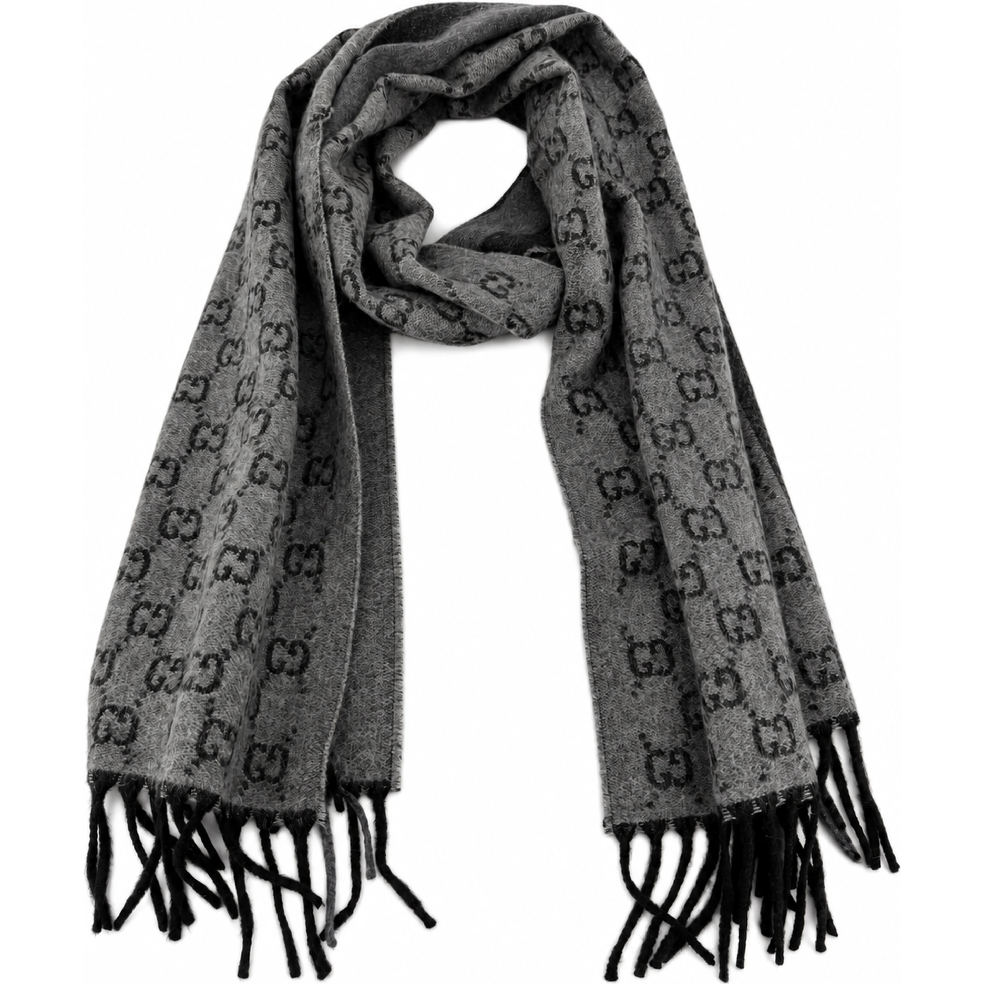 Monogram Grey Wool Scarf with Fringe