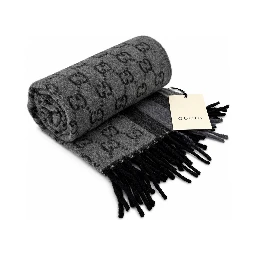 Monogram Grey Wool Scarf with Fringe