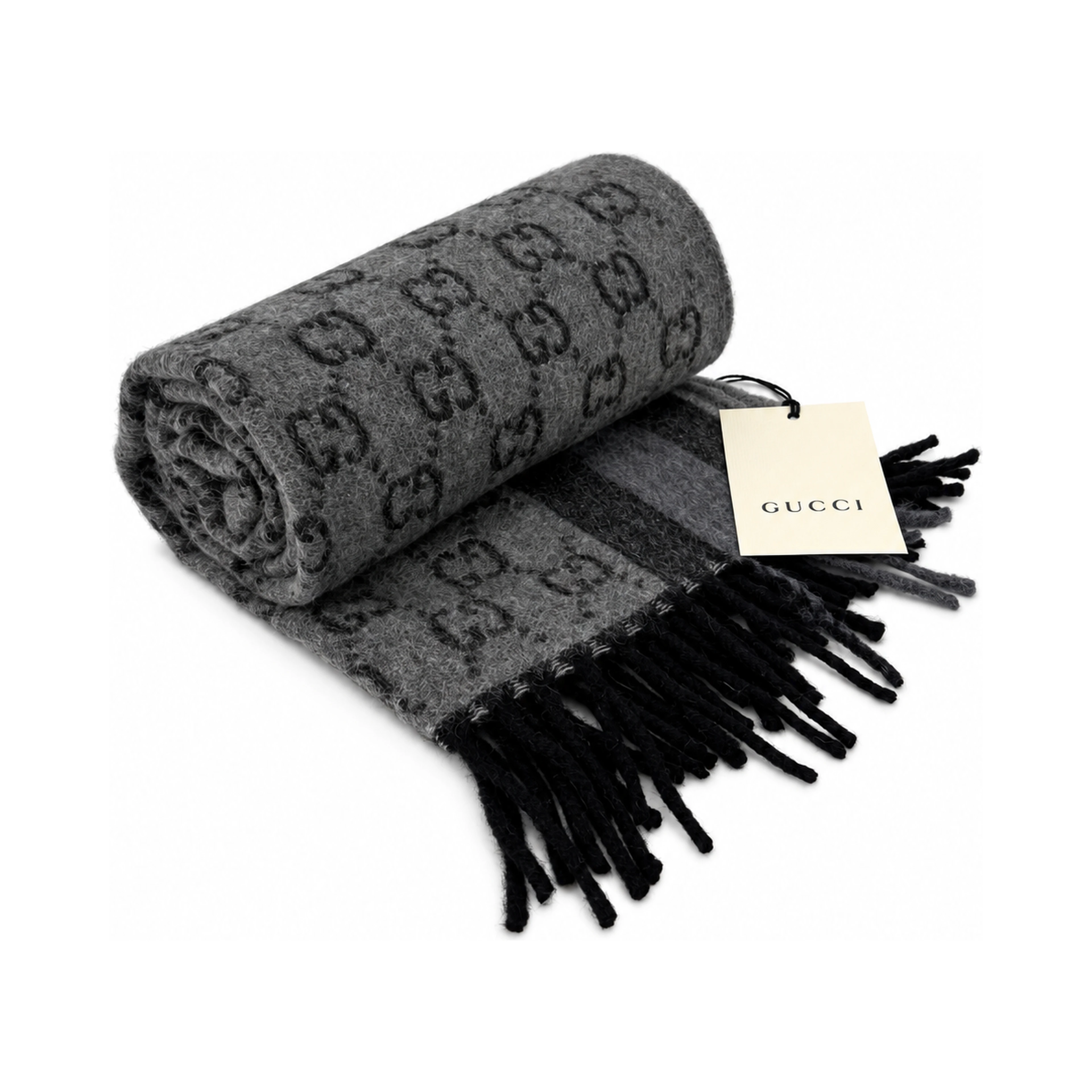 Monogram Grey Wool Scarf with Fringe