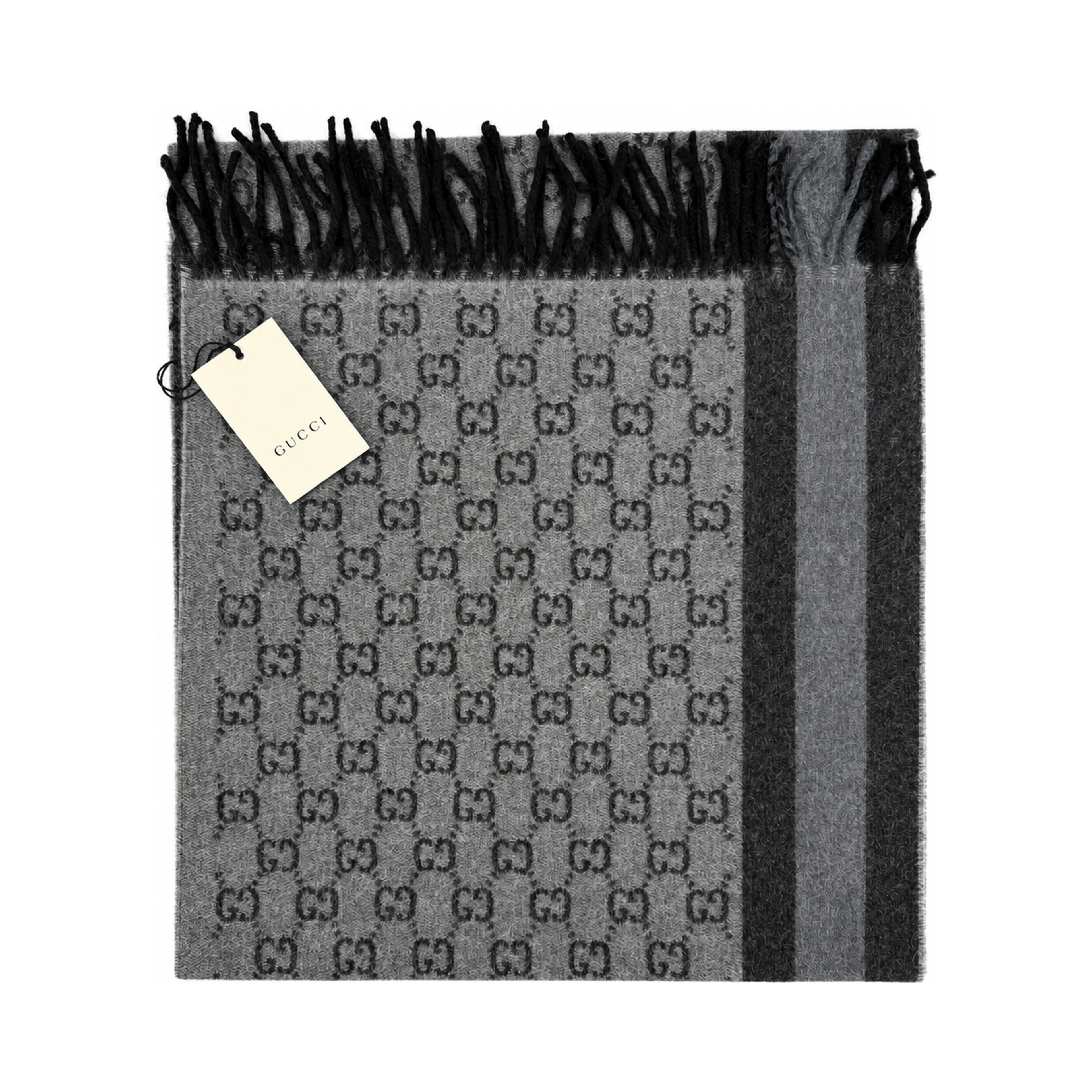 Monogram Grey Wool Scarf with Fringe