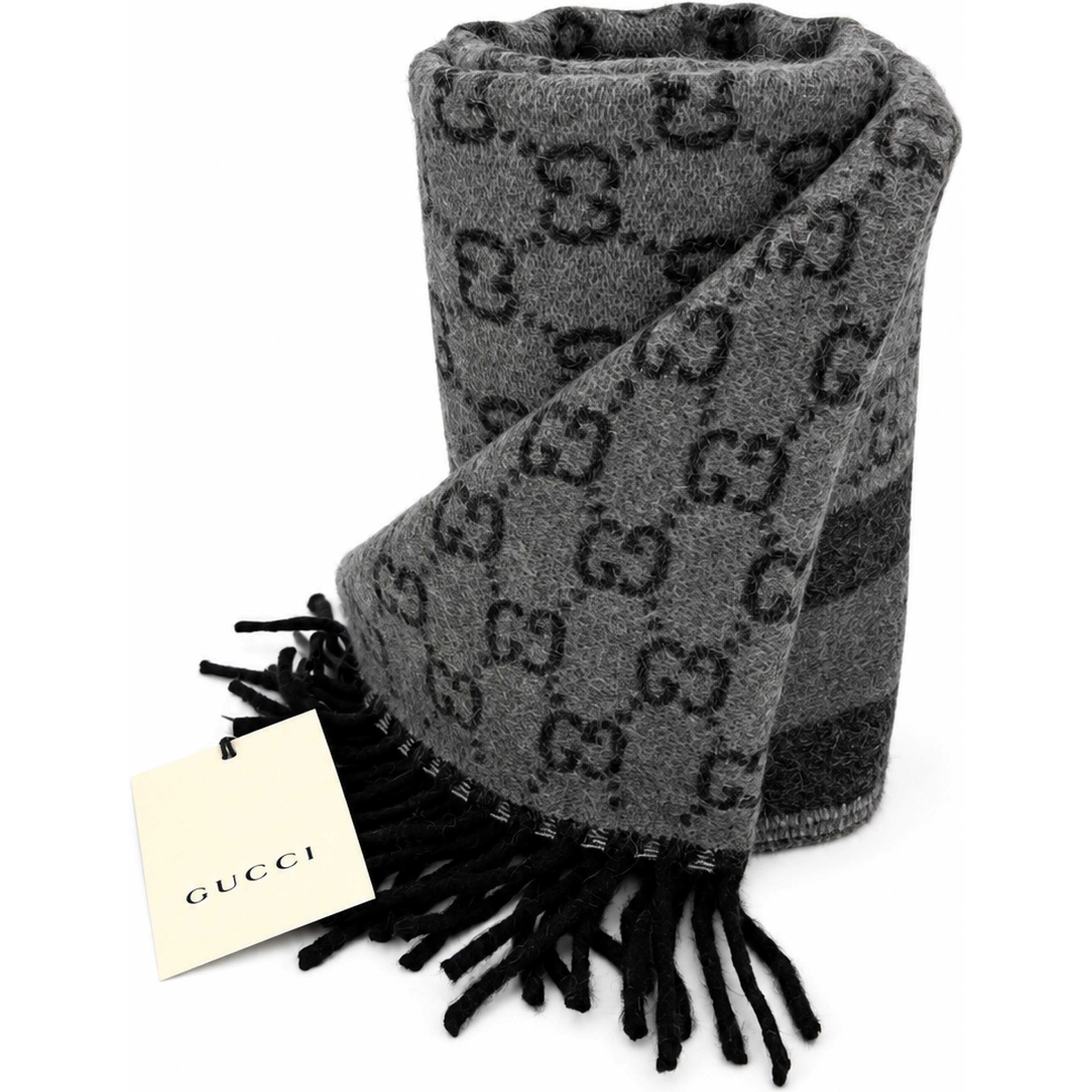 Monogram Grey Wool Scarf with Fringe