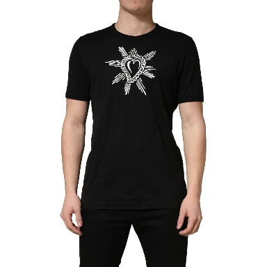 Black Sacred Heart Cotton Crew Neck T-shirt