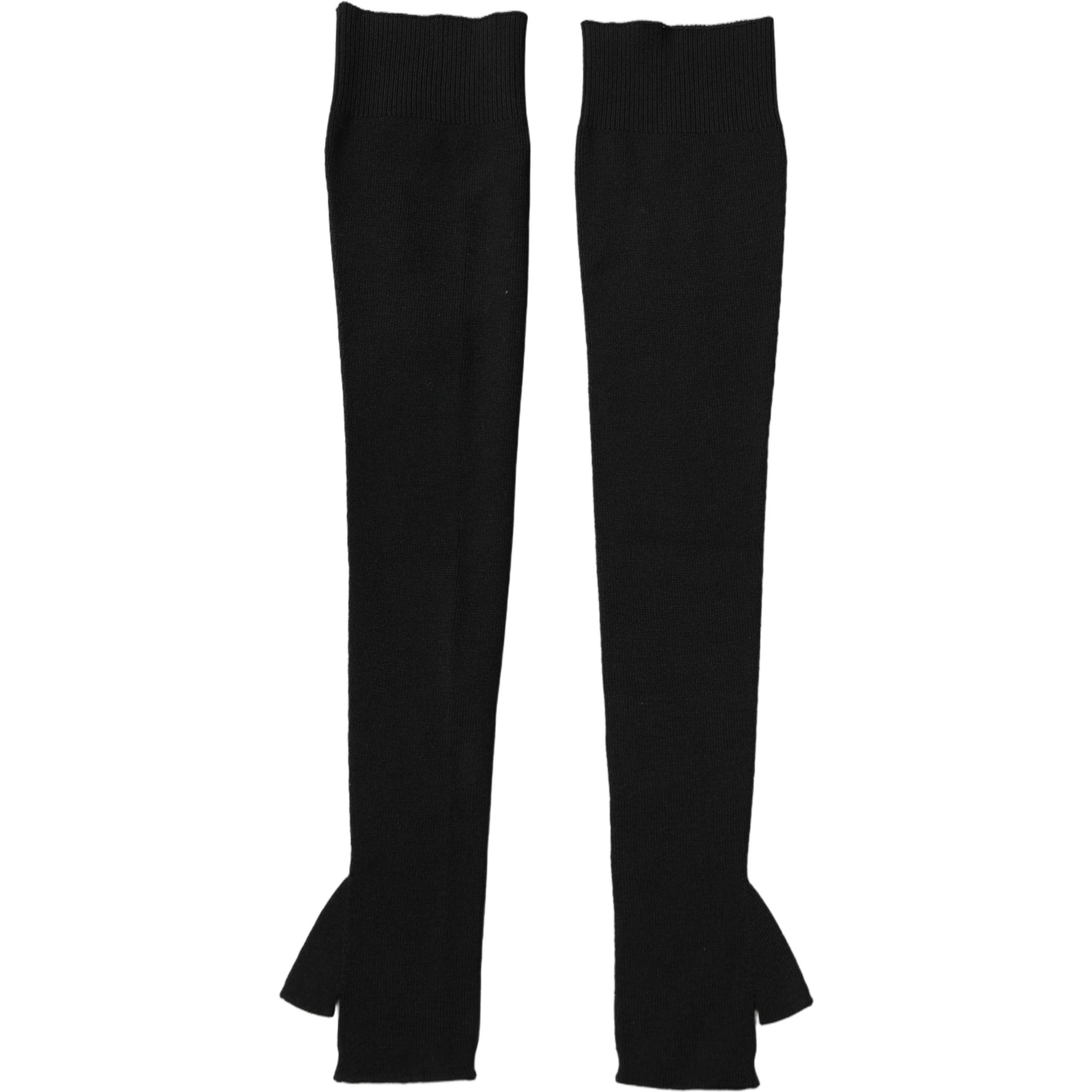 Black Wool Knitted Long Fingerless Gloves