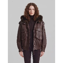 Napa bomber with hood in brown leather