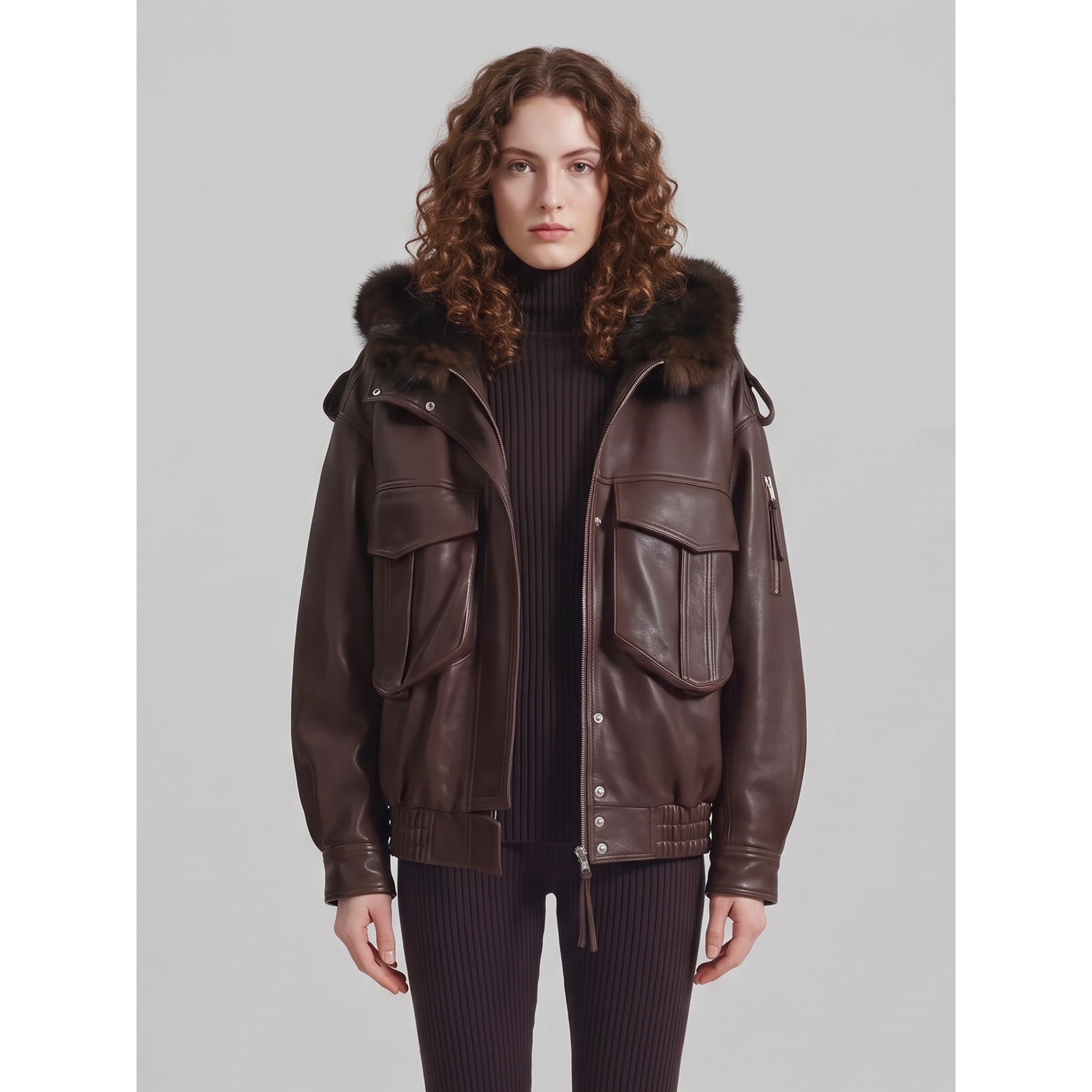 Napa bomber with hood in brown leather