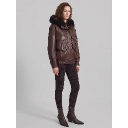 Napa bomber with hood in brown leather