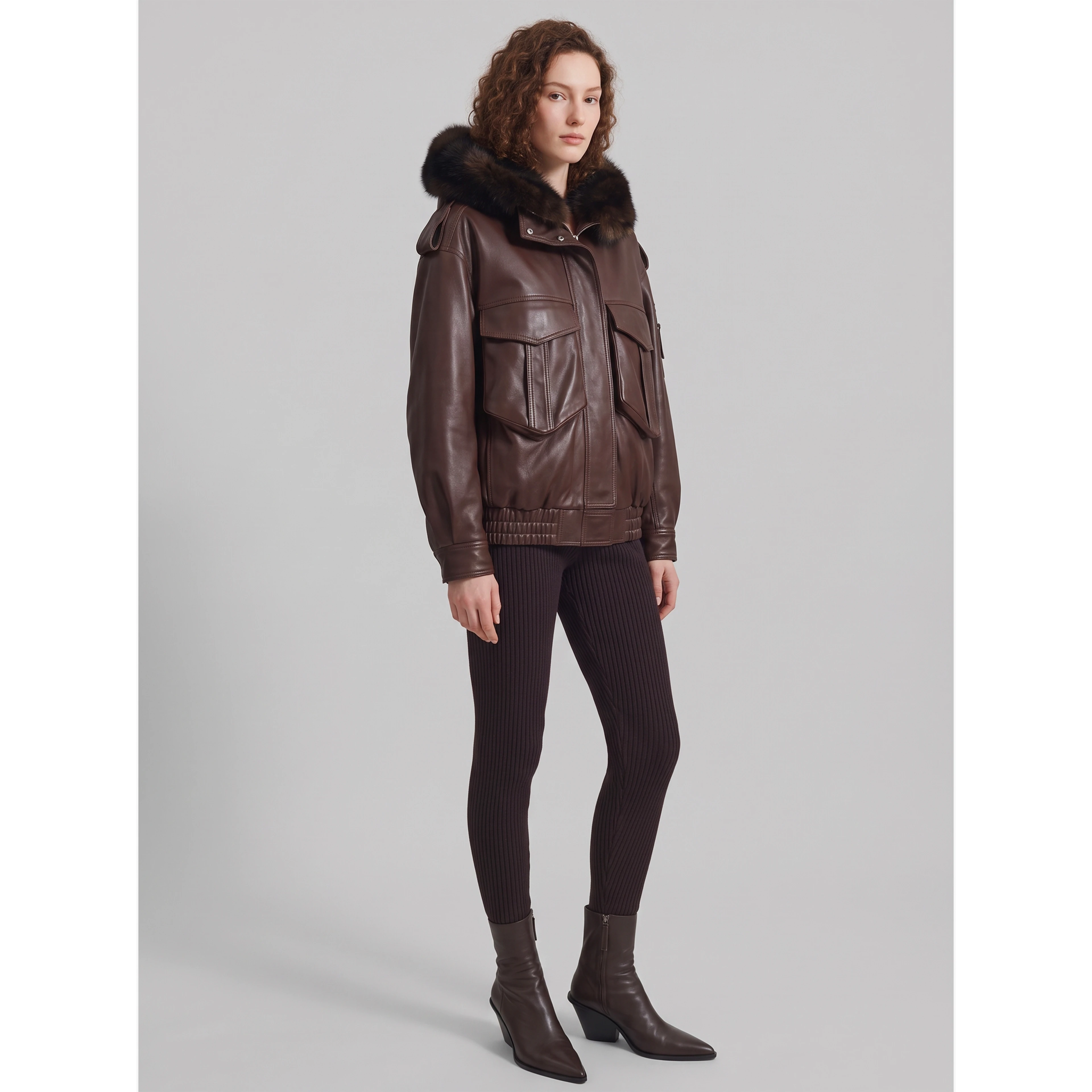 Napa bomber with hood in brown leather