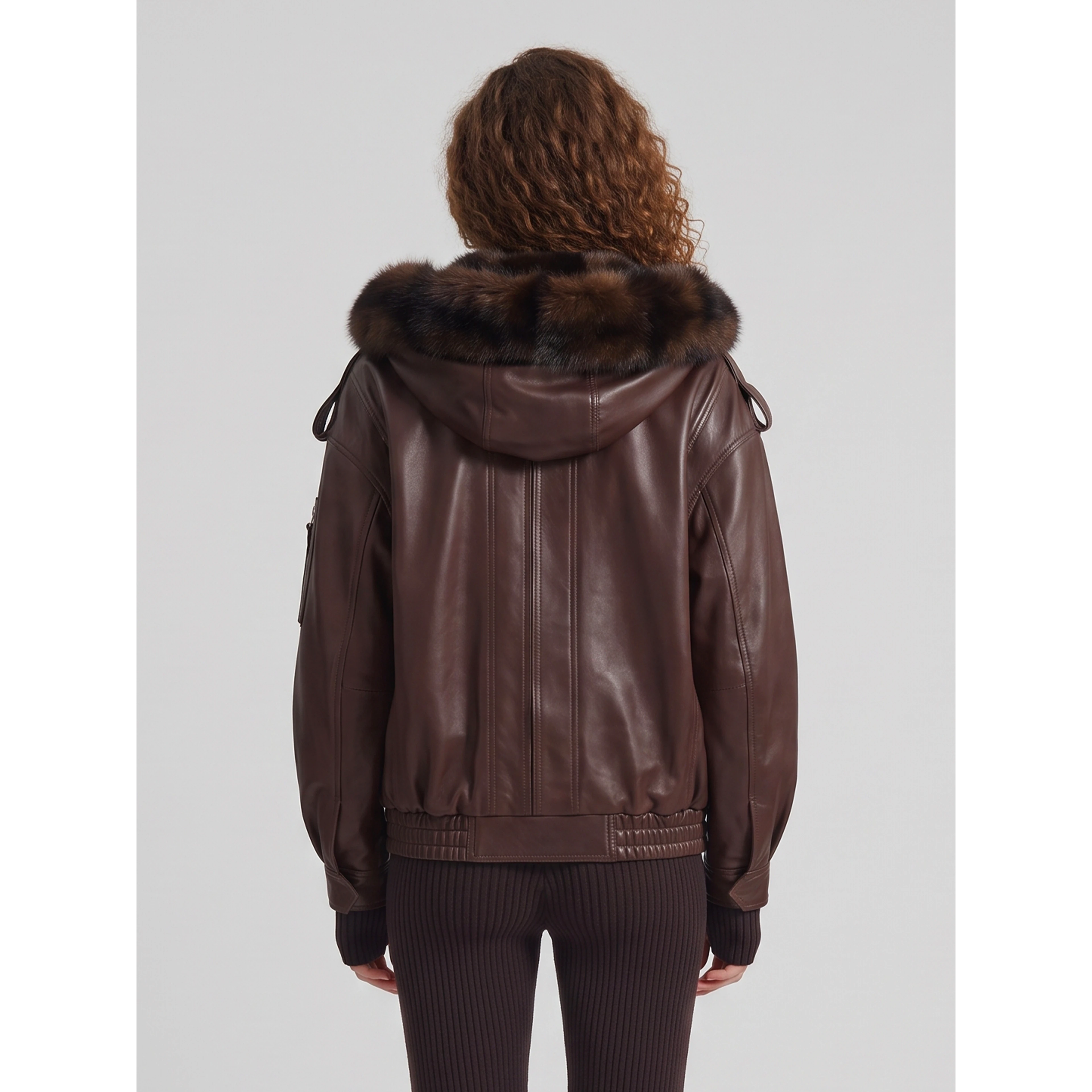 Napa bomber with hood in brown leather
