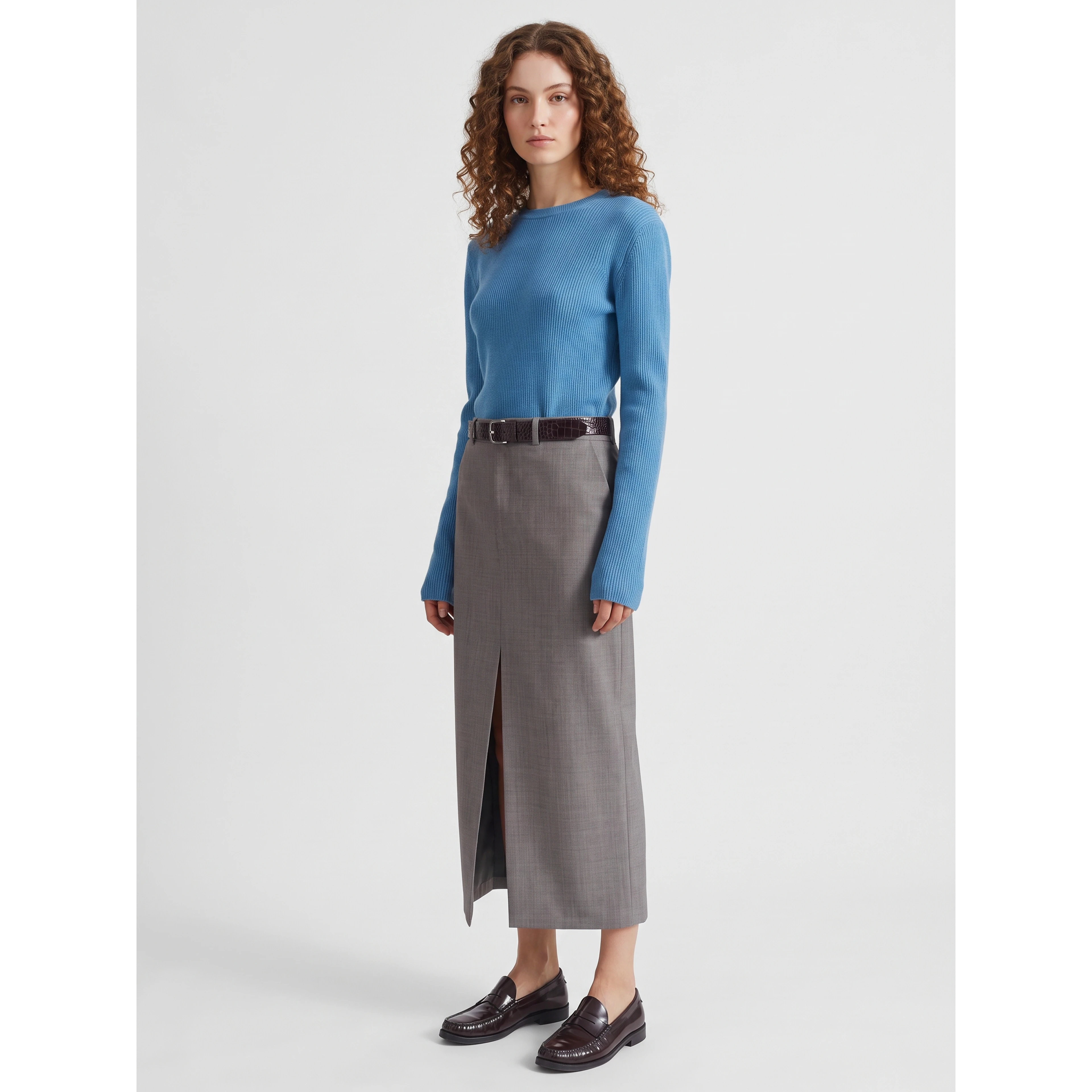 Maybelle pencil skirt with front slit in taupe