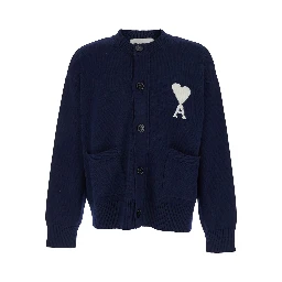 Blue crew neck cardigan with contrasting ADC logo on the front in cotton and wool blend man