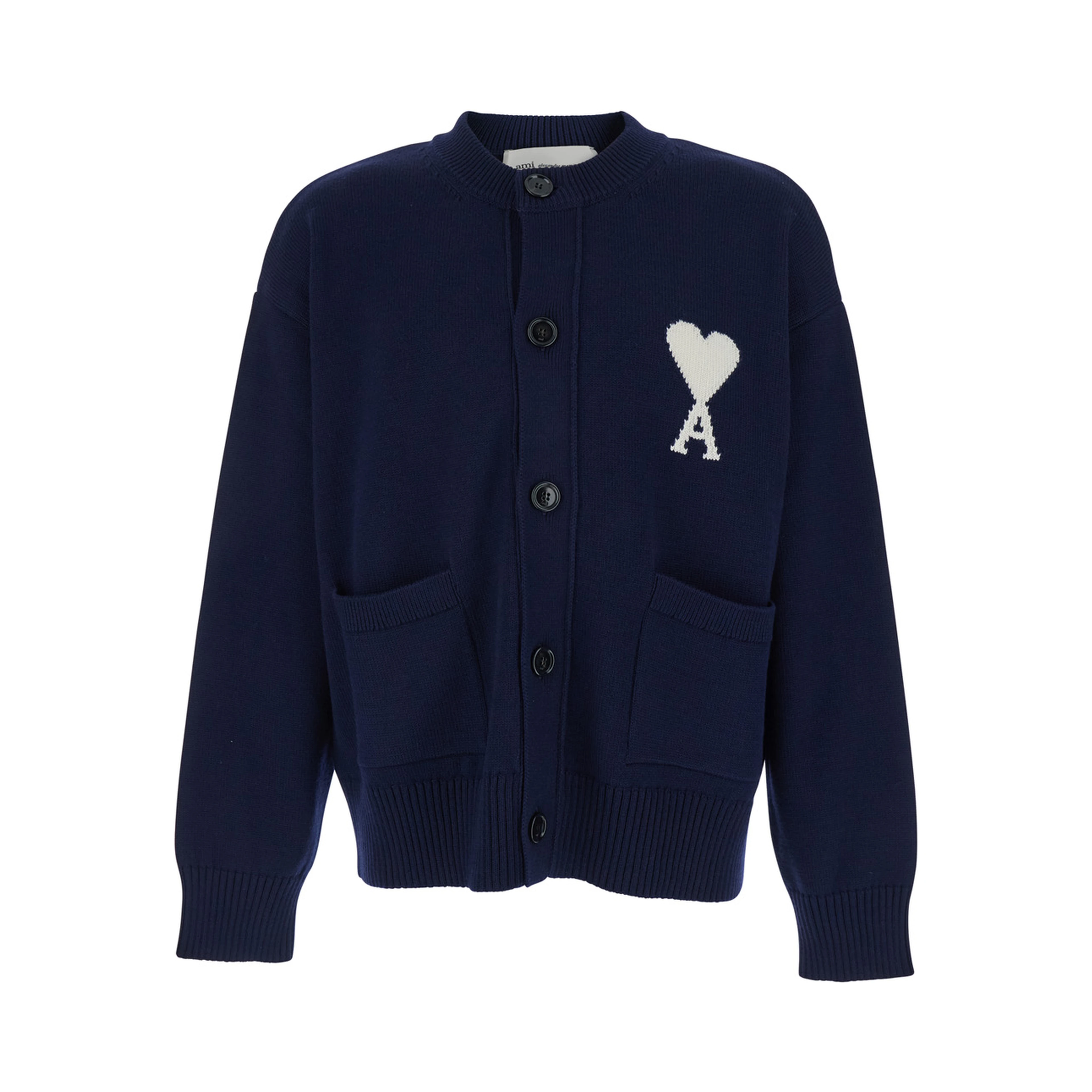 Blue crew neck cardigan with contrasting ADC logo on the front in cotton and wool blend man