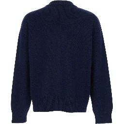 Blue crew neck cardigan with contrasting ADC logo on the front in cotton and wool blend man